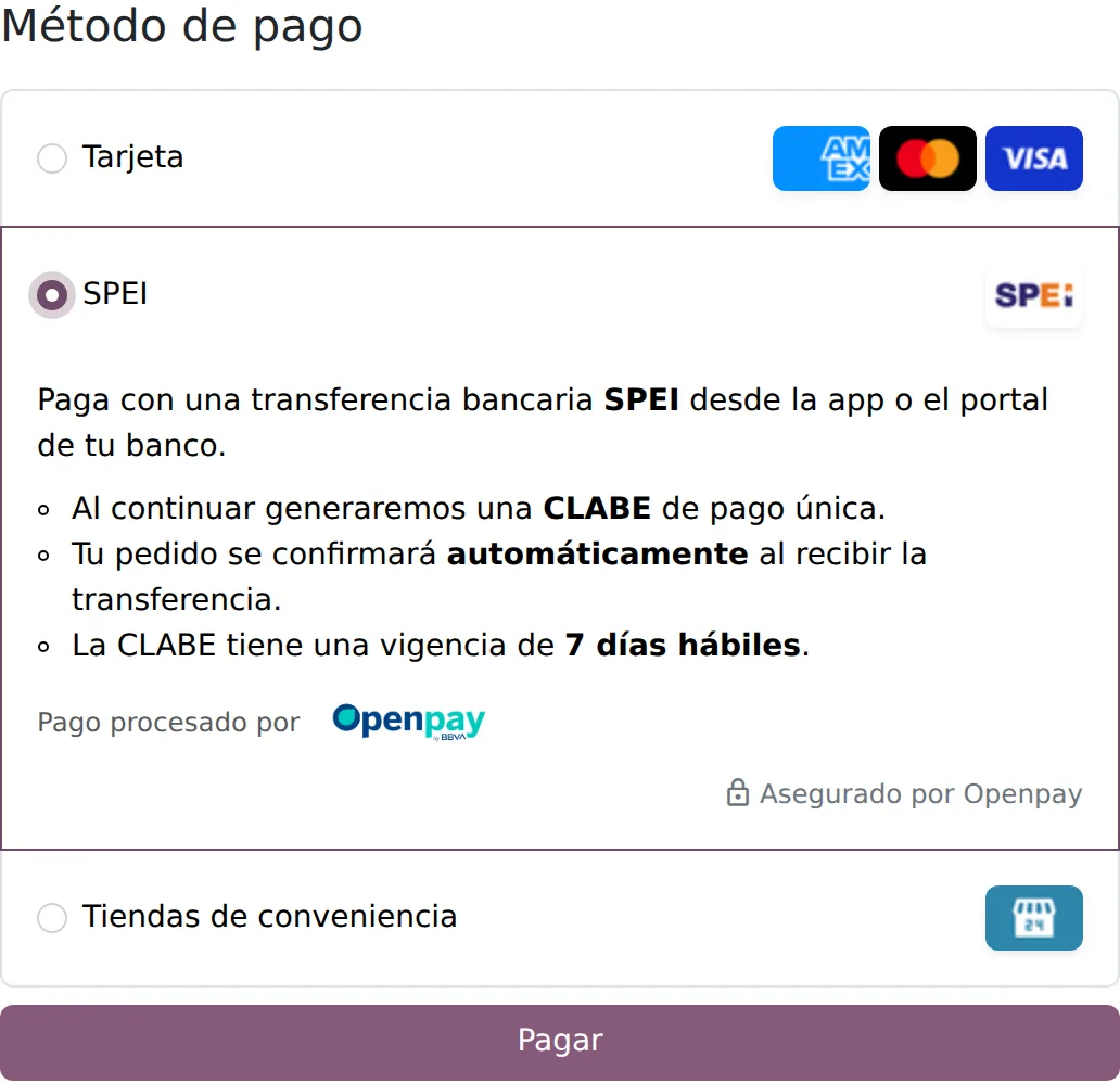 Formulario de pago de Odoo con el método SPEI seleccionado y la vigencia de 7 días hábiles de la CLABE