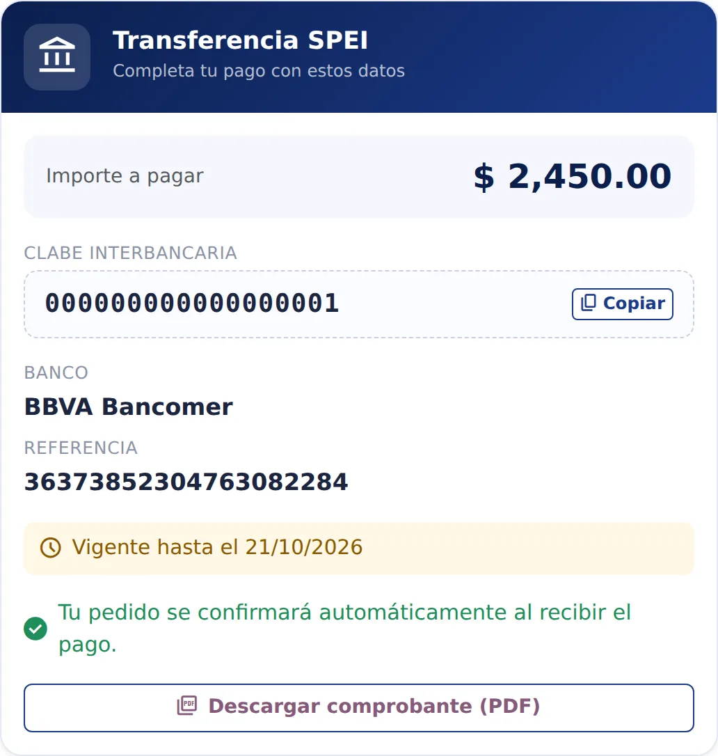 Comprobante de transferencia SPEI en la página de estado: importe, CLABE, banco, referencia, fecha de vigencia y botón para descargar el PDF