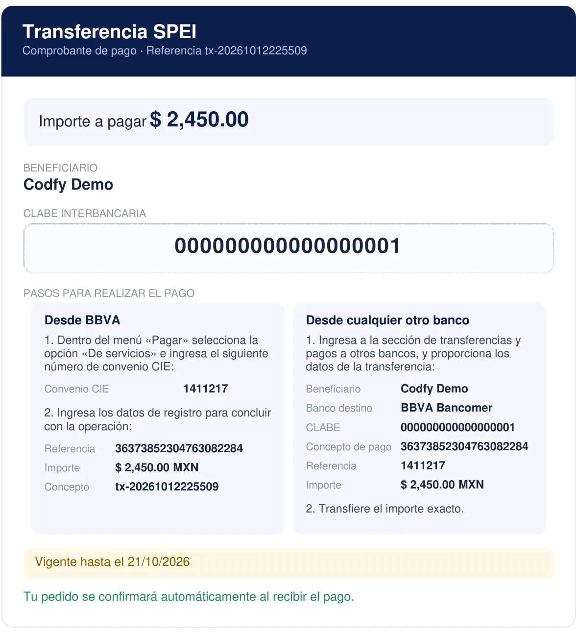 Comprobante PDF de transferencia SPEI con los pasos para pagar desde BBVA con convenio CIE y desde cualquier otro banco