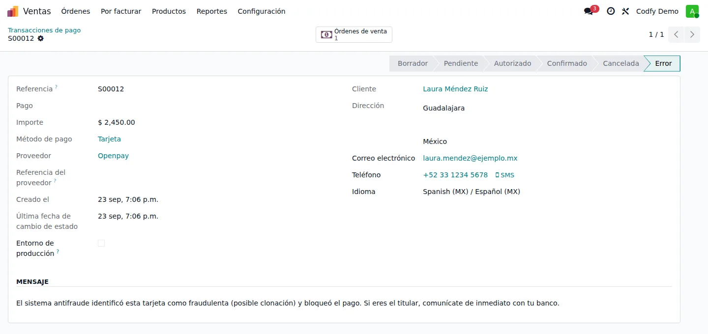 Transacción de pago de Openpay en estado Error con el motivo del rechazo