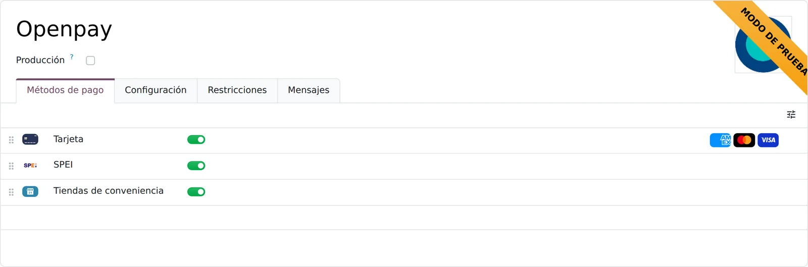 Pestaña Métodos de pago del proveedor Openpay con los interruptores de Tarjeta, SPEI y Tiendas de conveniencia