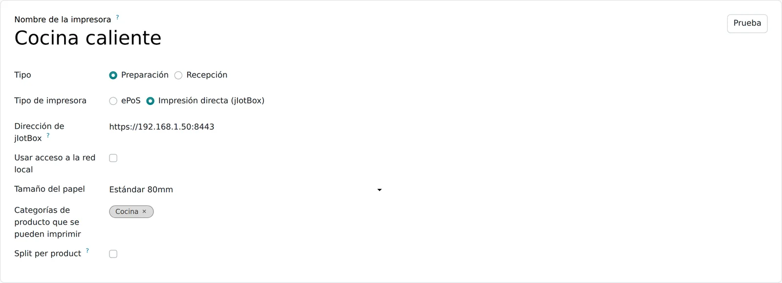 Formulario de impresora de Odoo con uso Preparación, tipo Impresión directa (jIotBox), la dirección de jIotBox y la categoría Cocina