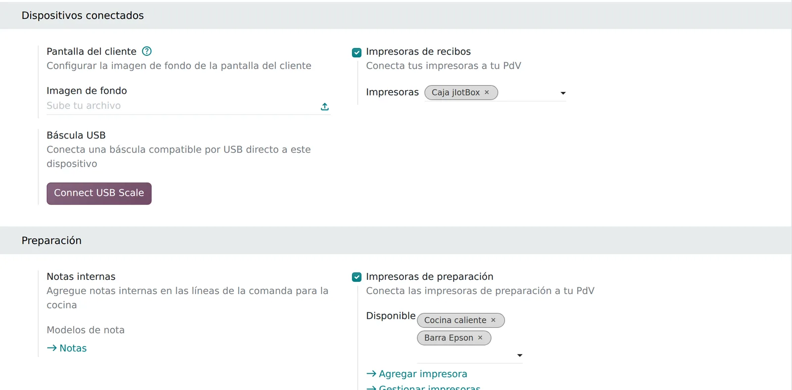 Ajustes del Punto de Venta: impresora de recibos Caja jIotBox e impresoras de preparación Cocina caliente y Barra Epson