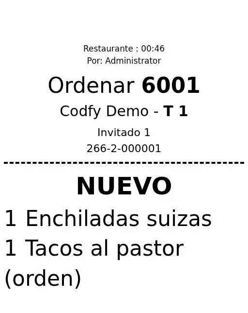Comanda de cocina impresa por jIotBox con la mesa, el número de orden y los productos
