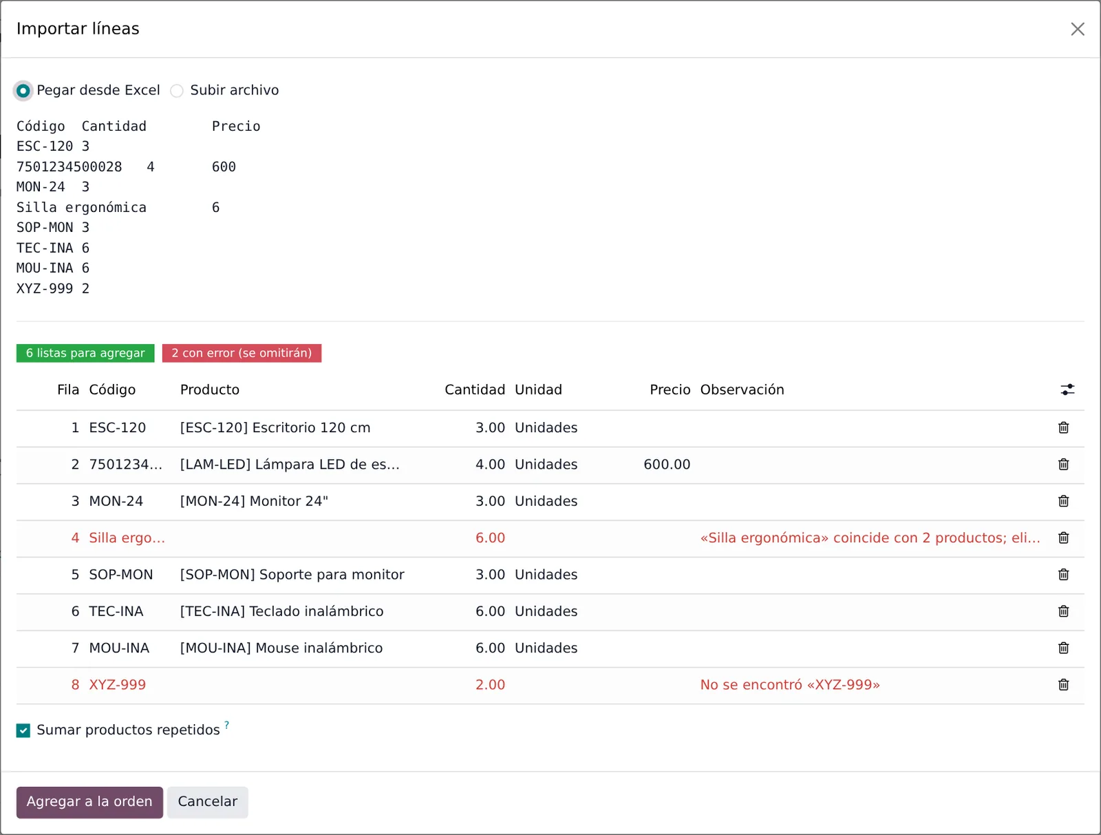 Vista previa de la importacion con seis filas listas y dos marcadas en rojo por codigo ambiguo y codigo inexistente