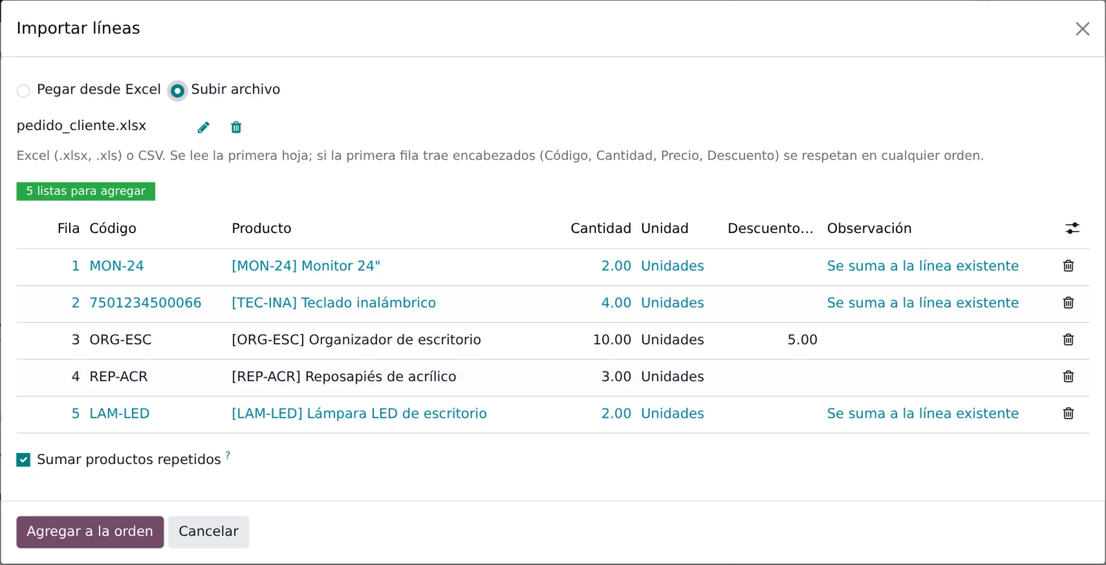 Archivo de Excel del cliente cargado con descuento y lineas que se suman a las existentes