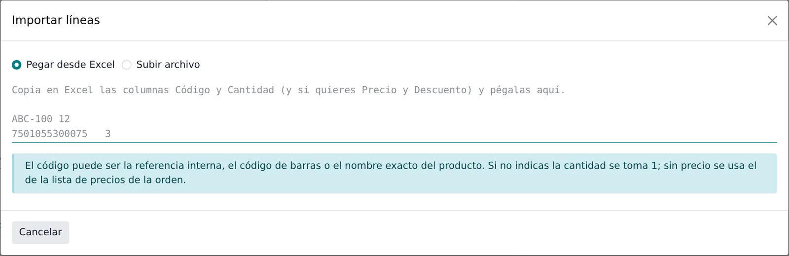 Ventana Importar lineas con la opcion Pegar desde Excel y la explicacion de los codigos aceptados