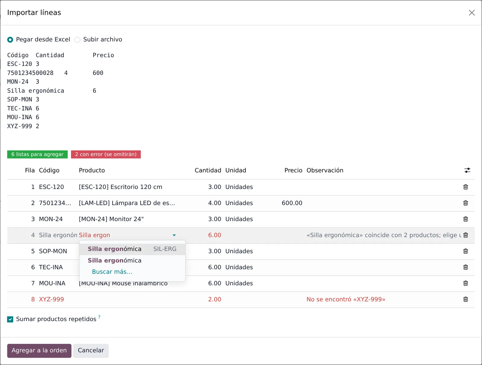 Fila con codigo ambiguo en la que se elige el producto correcto desde la lista