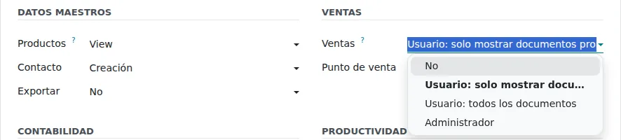 Selector del rol de Ventas en la ficha del usuario con las opciones solo documentos propios, todos los documentos y Administrador