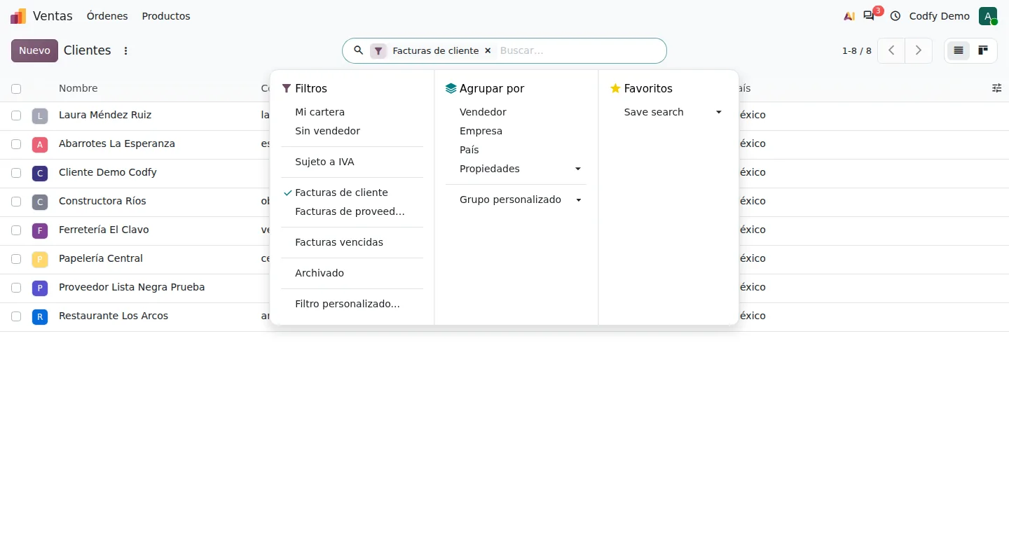 Menu de filtros de Clientes con las opciones Mi cartera y Sin vendedor