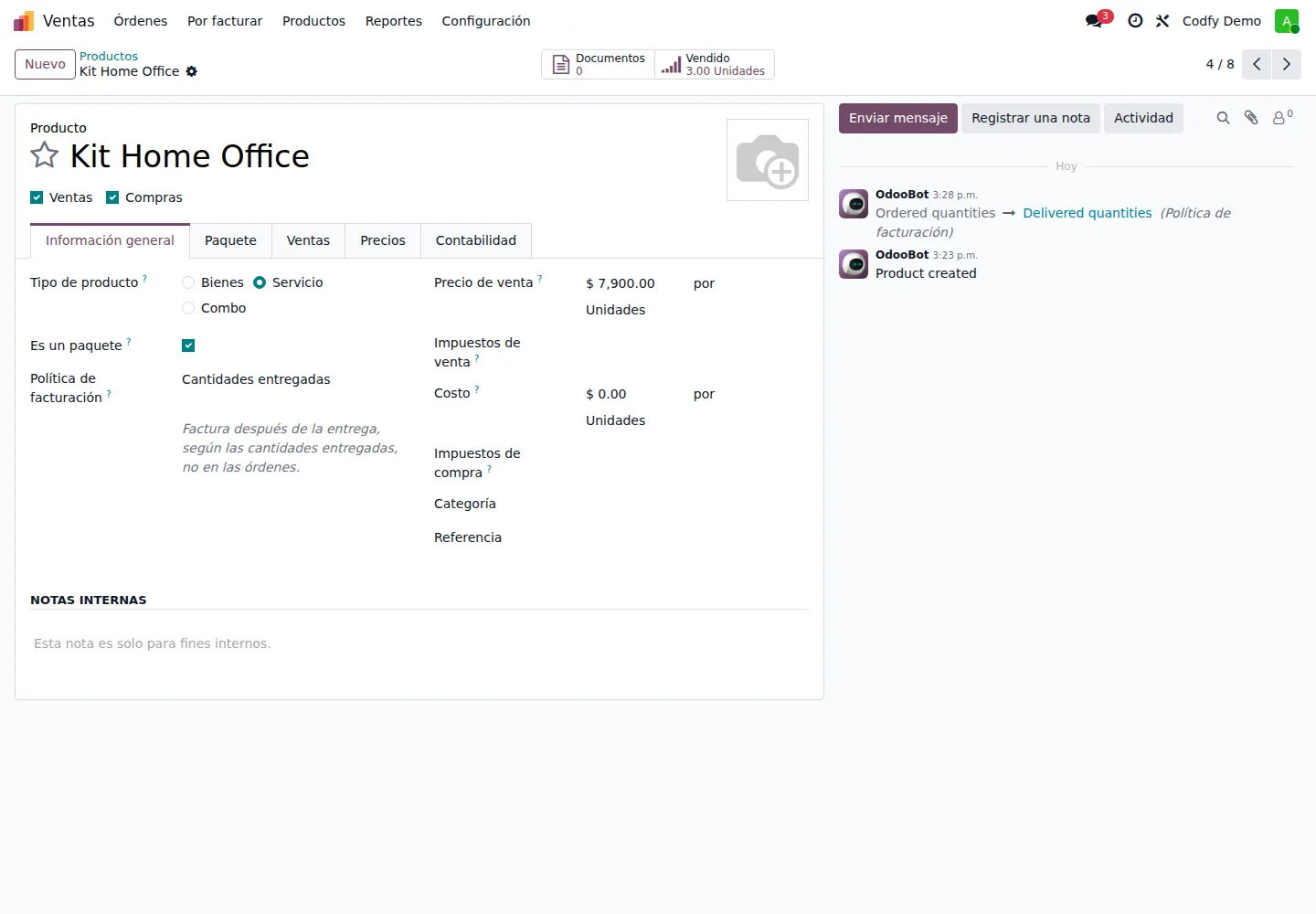 Ficha del producto Kit Home Office con la casilla Es un paquete marcada y el tipo Servicio