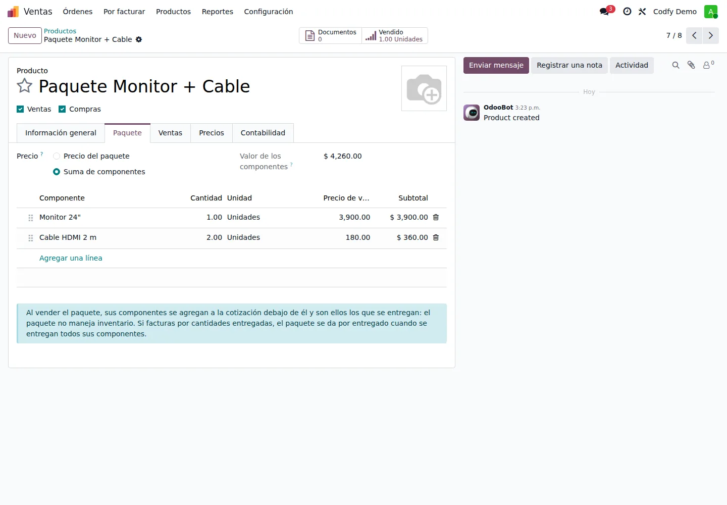 Paquete Monitor + Cable configurado en modo Suma de componentes